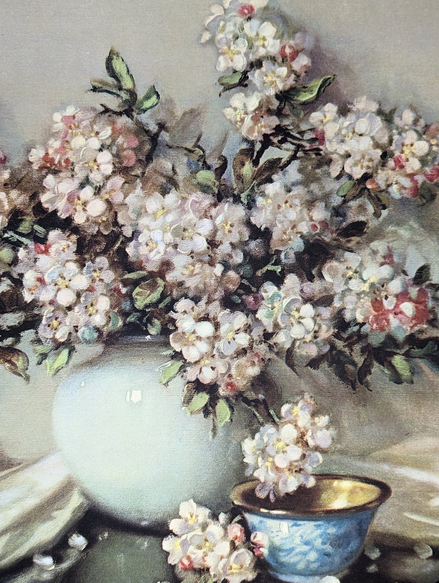 Apple Blossoms by Cãrrièr - mint condition vintage Offset Lithograph printed in 1943 - Pink Flamingos