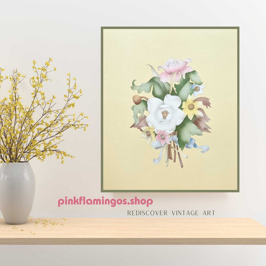 Beautytone Bouquet in Yellow by Terone, 1943 mint condition vintage lithograph by Borin Art - Pink Flamingos
