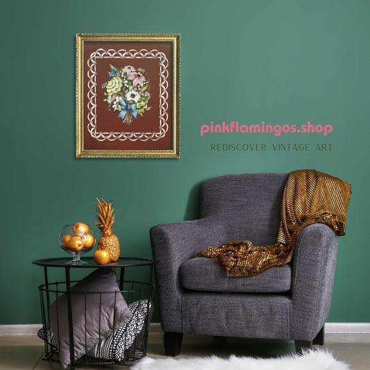 Beautytone Bouquet with Border in Dubonnet by Terone, 1943 mint condition vintage lithograph from Borin Art - Pink Flamingos