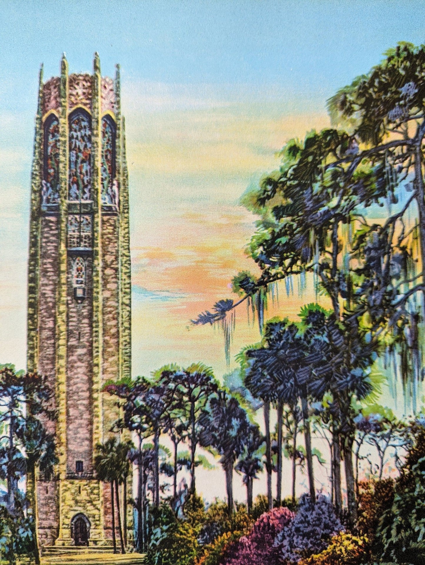 Bok Tower original mint condition vintage lithograph from hand colored photo of the famous Florida landmark by J.P. Ristig - Pink Flamingos