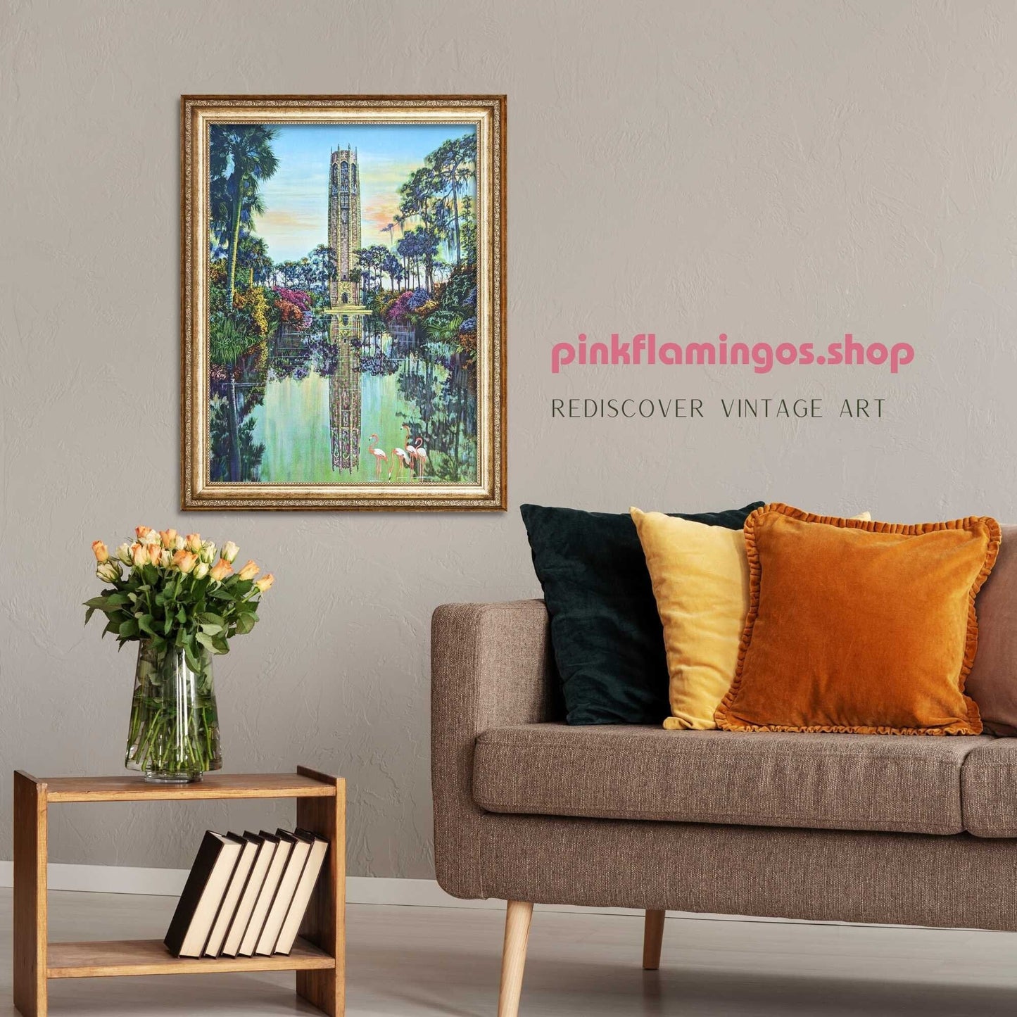 Bok Tower original mint condition vintage lithograph from hand colored photo of the famous Florida landmark by J.P. Ristig - Pink Flamingos