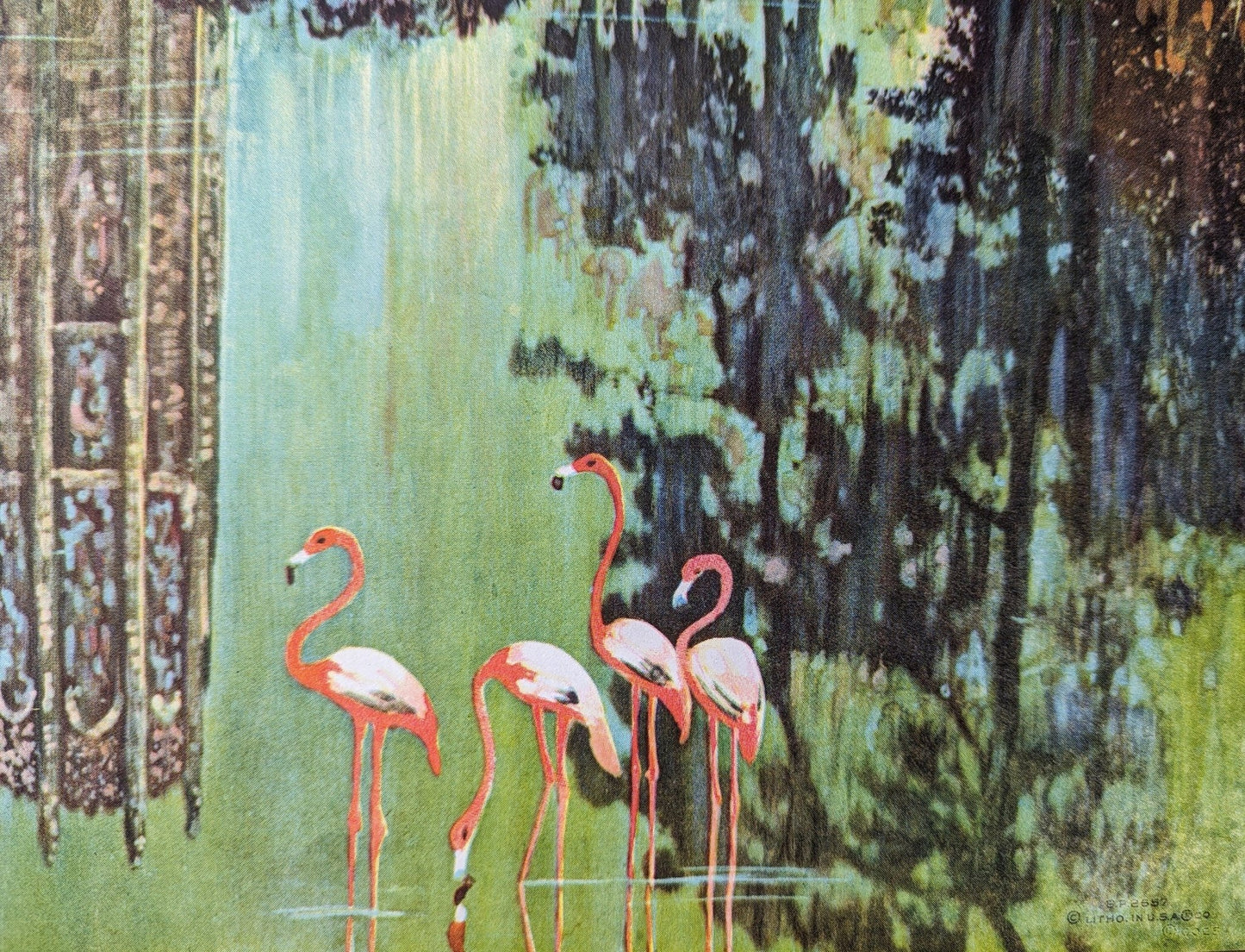 Bok Tower original mint condition vintage lithograph from hand colored photo of the famous Florida landmark by J.P. Ristig - Pink Flamingos