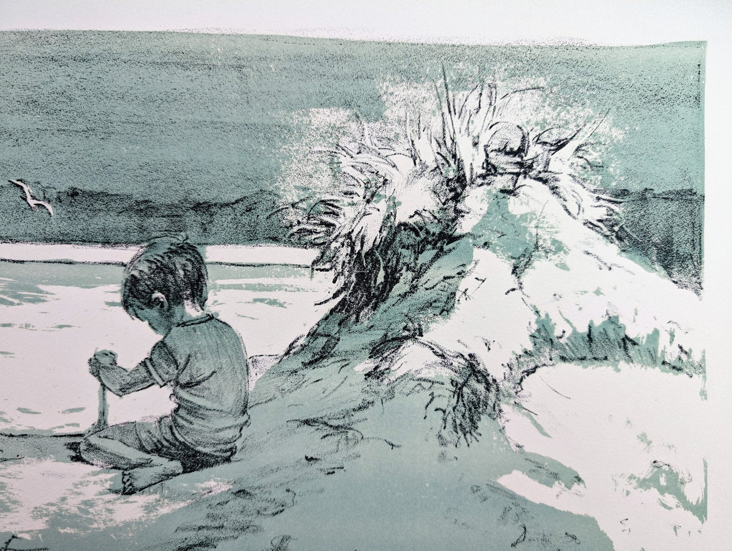 Boy on the Beach by Frank Palmieri, vintage signed and serial numbered stone lithograph circa 1970 - Stone Lithograph - Pink Flamingos