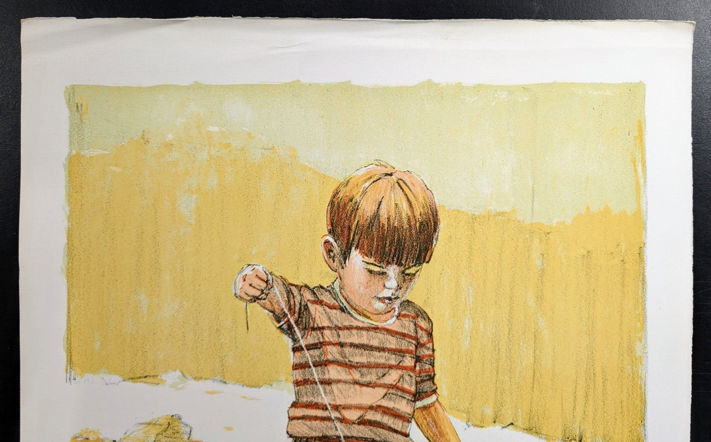 Boy with Sailboat by Frank Palmieri, vintage signed and serial numbered stone lithograph circa 1970 - Stone Lithograph - Pink Flamingos