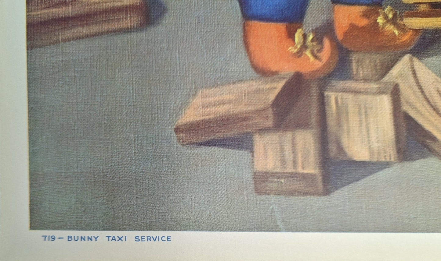 Bunny Taxi Service by Renee Barnes, mint condition vintage nursery art lithograph printed in the 1930s - Pink Flamingos