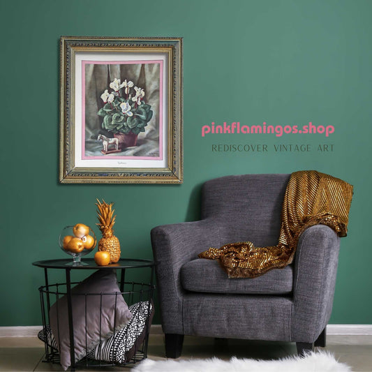 Cyclamen, still life by Harry Lane, mint condition vintage lithograph printed in 1945 - Pink Flamingos