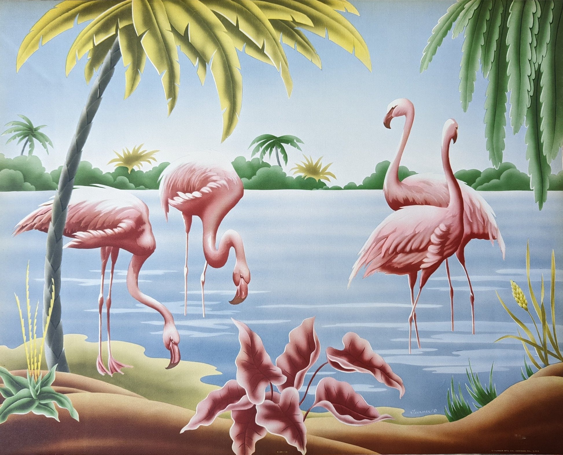 Vintage lithograph titled 'Turner's Flamingos' by artist A.T. Toran, depicting a serene scene with three pink flamingos standing in shallow water. Two are bent over, sipping water, while the third stands tall, looking off into the distance. In the background, there are lush tropical plants and palm trees under a clear, light blue sky. The artwork, produced in the 1940s, showcases vibrant yet soothing colors with meticulous detail in the feathers and foliage, embodying the classic charm of the era.