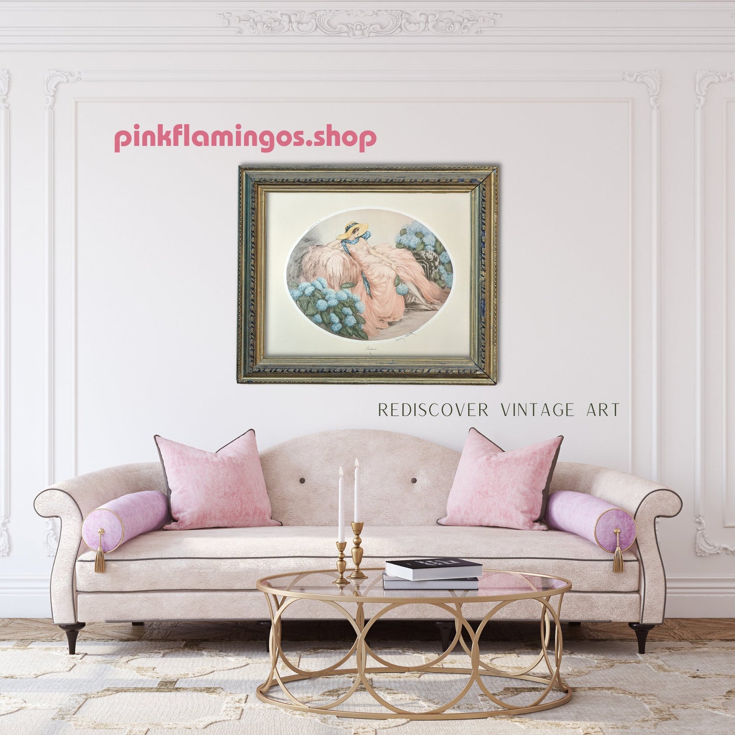 Hortense by Louis Icart, mint condition vintage French Art Deco lithograph printed in the 1970s - Offset Lithograph - Pink Flamingos