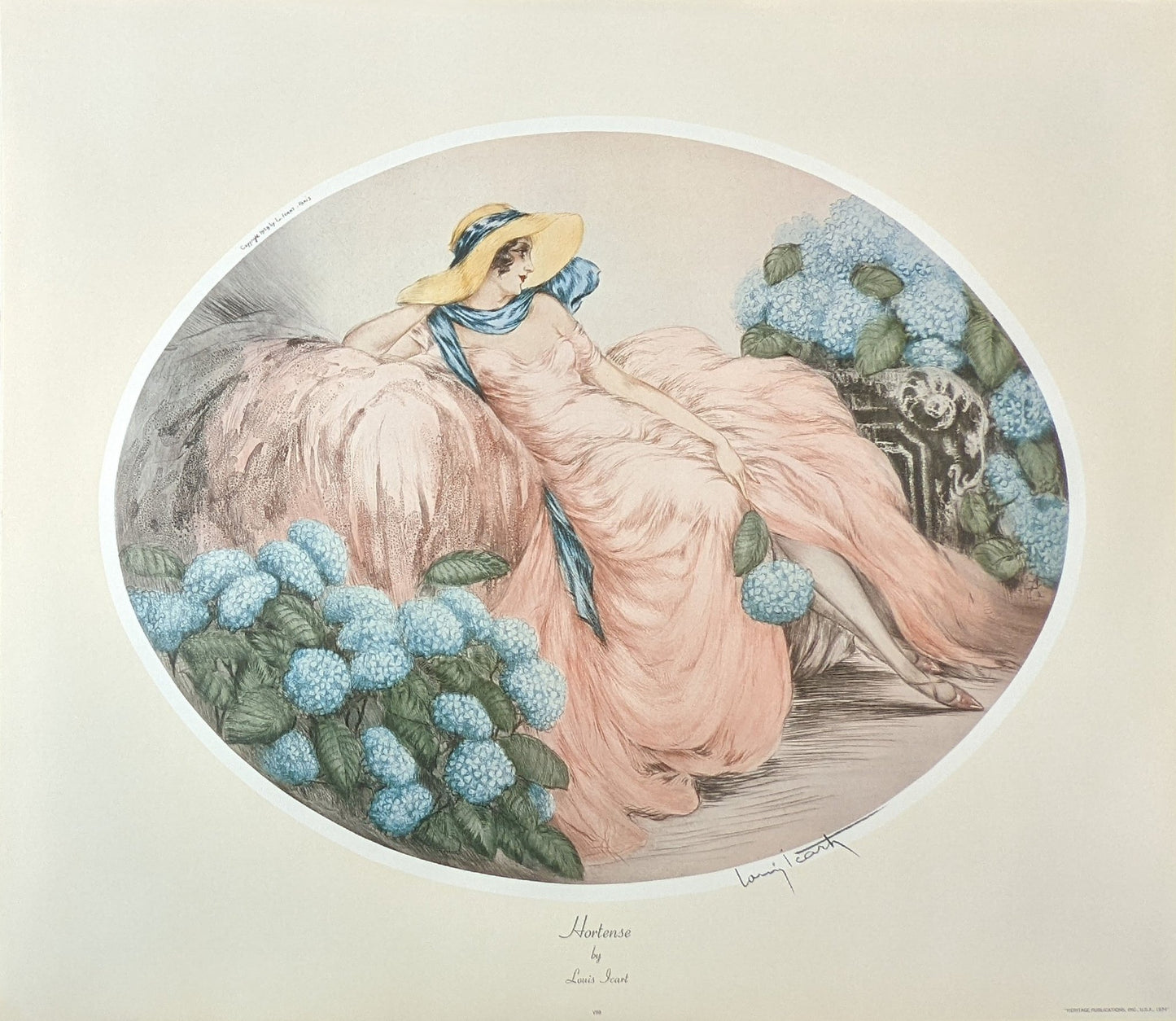 Hortense by Louis Icart, mint condition vintage French Art Deco lithograph printed in the 1970s - Offset Lithograph - Pink Flamingos