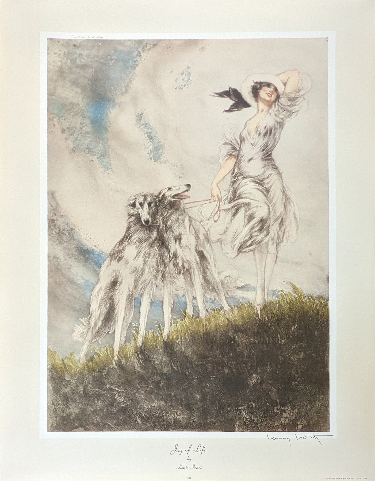 Joy of Life by Louis Icart, mint condition vintage French Art Deco lithograph printed in the 1970s - Offset Lithograph - Pink Flamingos