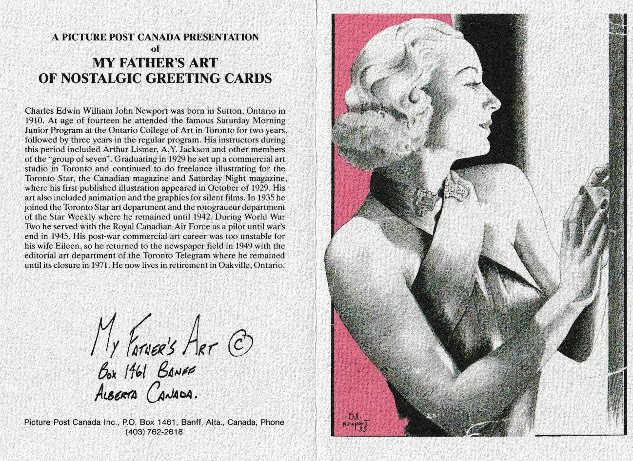 My Father's Art of Nostalgic Greeting Cards by Canadian artist William Newport, mint condition vintage Art Deco greeting cards, set of 6 - Pink Flamingos