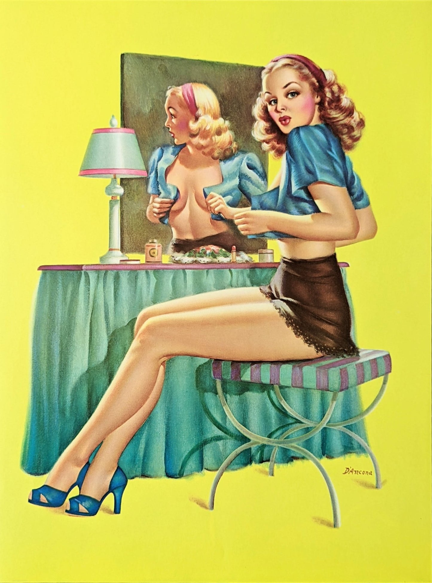 Pin-Up at the Mirror by d'Ancona, mint condition vintage lithograph pinup printed in the 1940s-1970s - Pink Flamingos