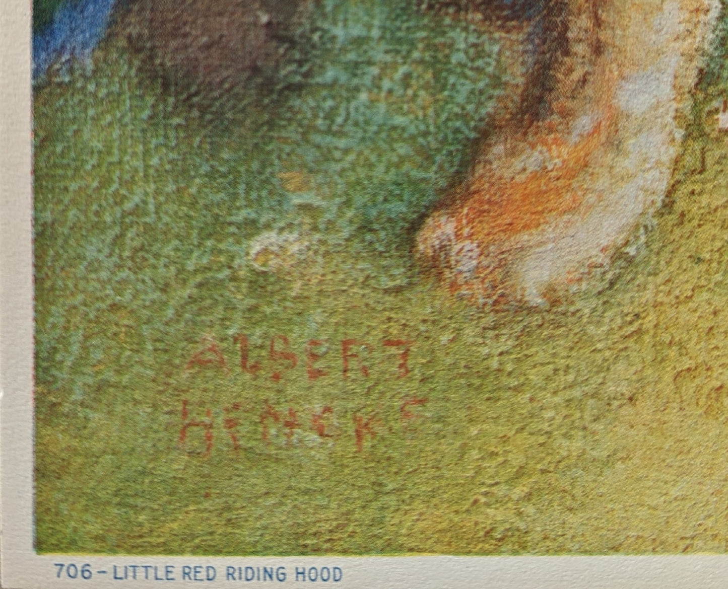 Red Riding Hood by Hencke, mint condition authentic vintage lithograph printed in the 1930s - Offset Lithograph - Pink Flamingos