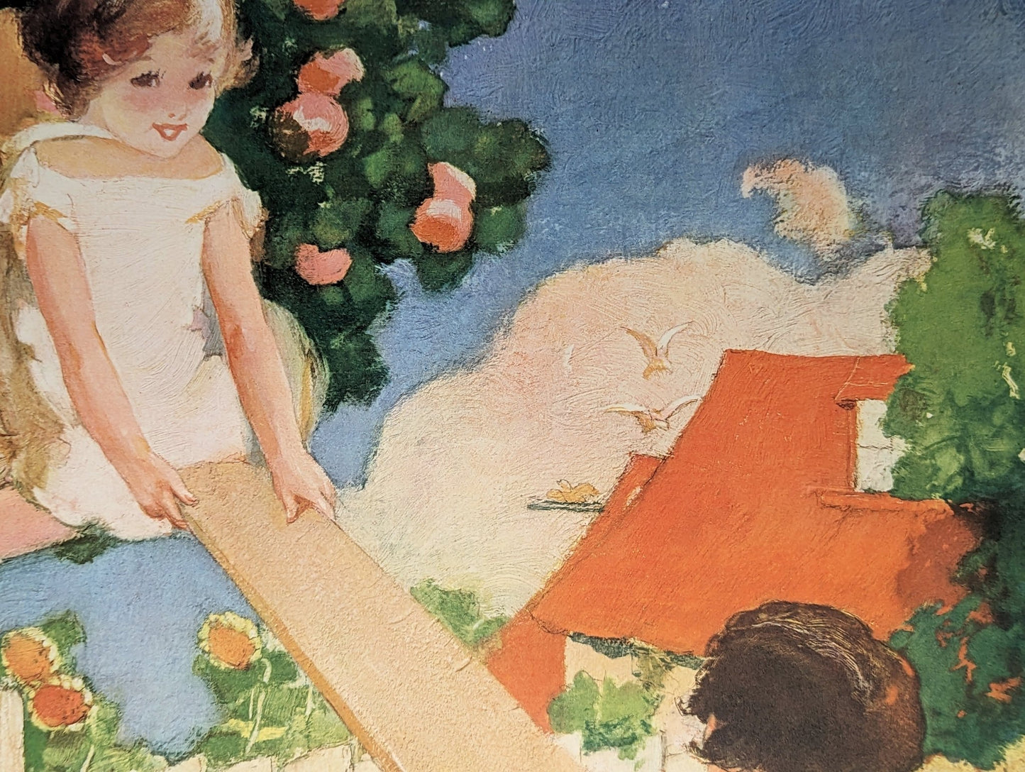 See Saw by Hencke, mint condition vintage nursery room lithograph printed in the 1930s - Offset Lithograph - Pink Flamingos