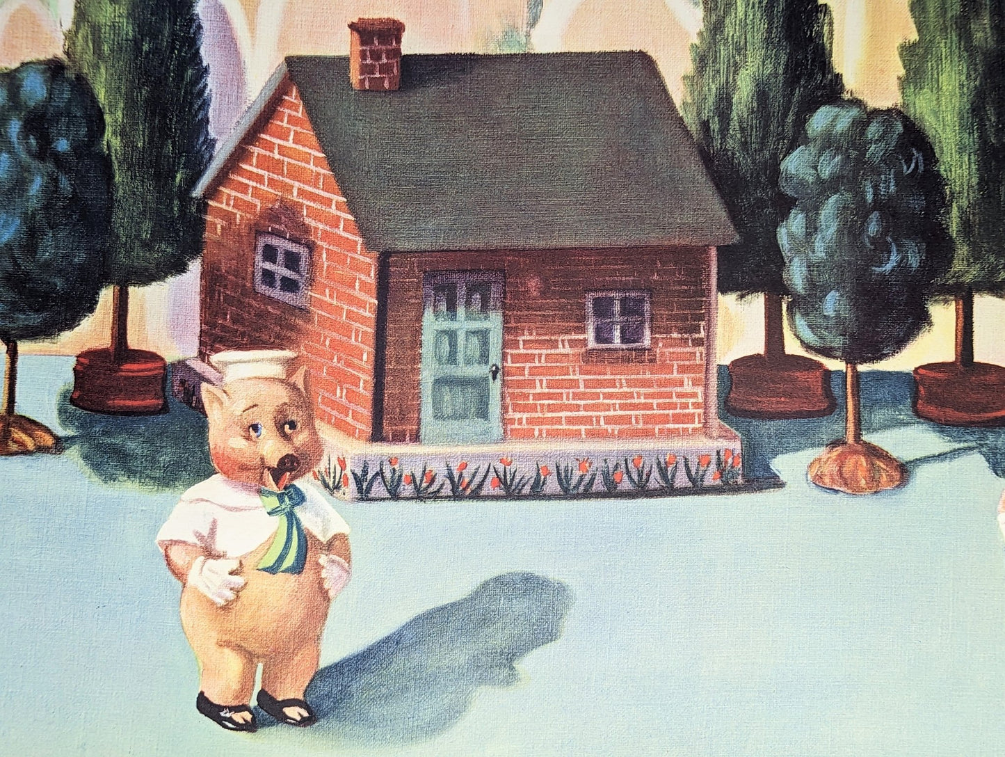 Three Happy Pigs by Renee Barnes, mint condition vintage fairytale nursery lithograph printed in the 1930s - Offset Lithograph - Pink Flamingos