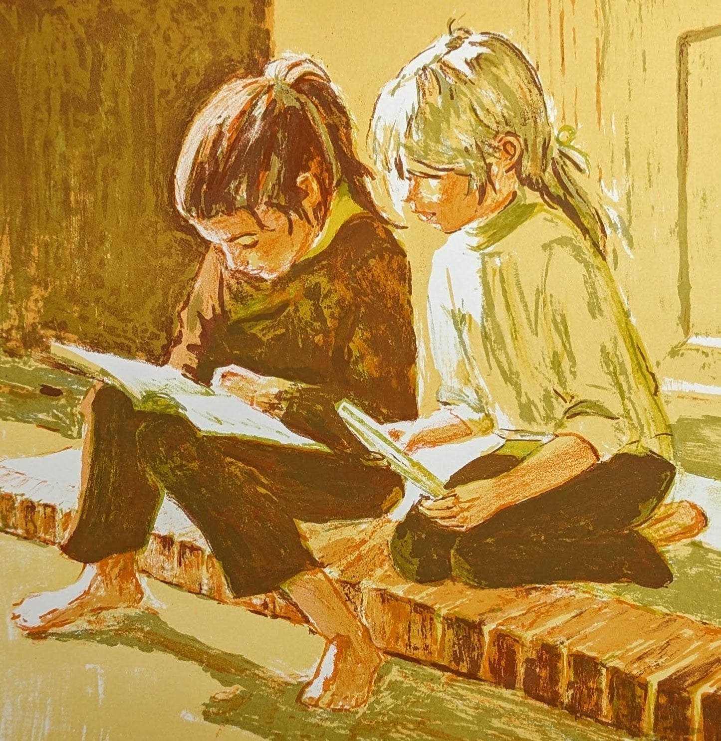 Two Girls Reading a Book by Frank Palmieri, vintage signed and serial numbered stone lithograph circa 1970 - Stone Lithograph - Pink Flamingos