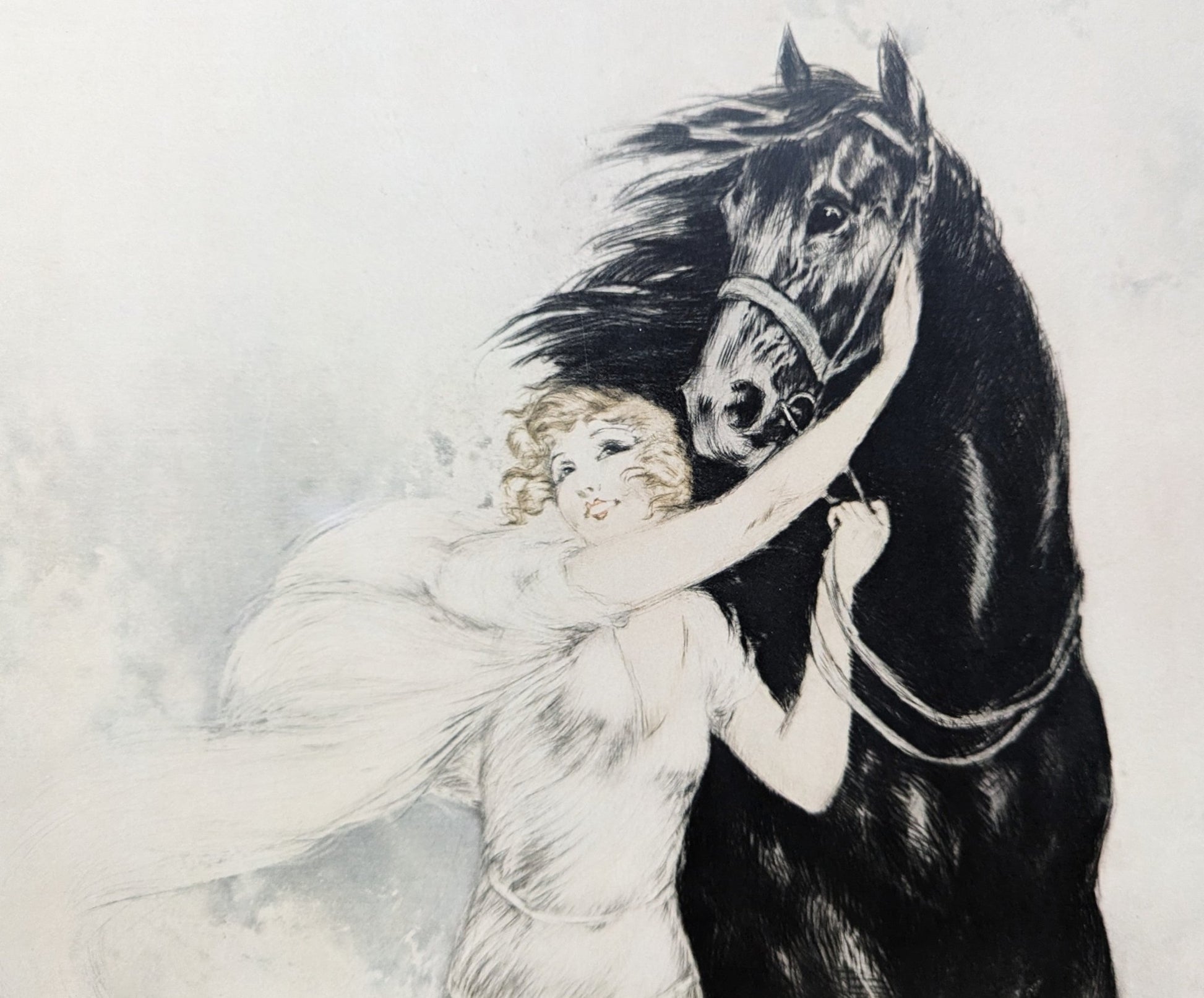 Youth by Louis Icart, mint condition vintage French Art Deco lithograph printed in the 1970s - Offset Lithograph - Pink Flamingos