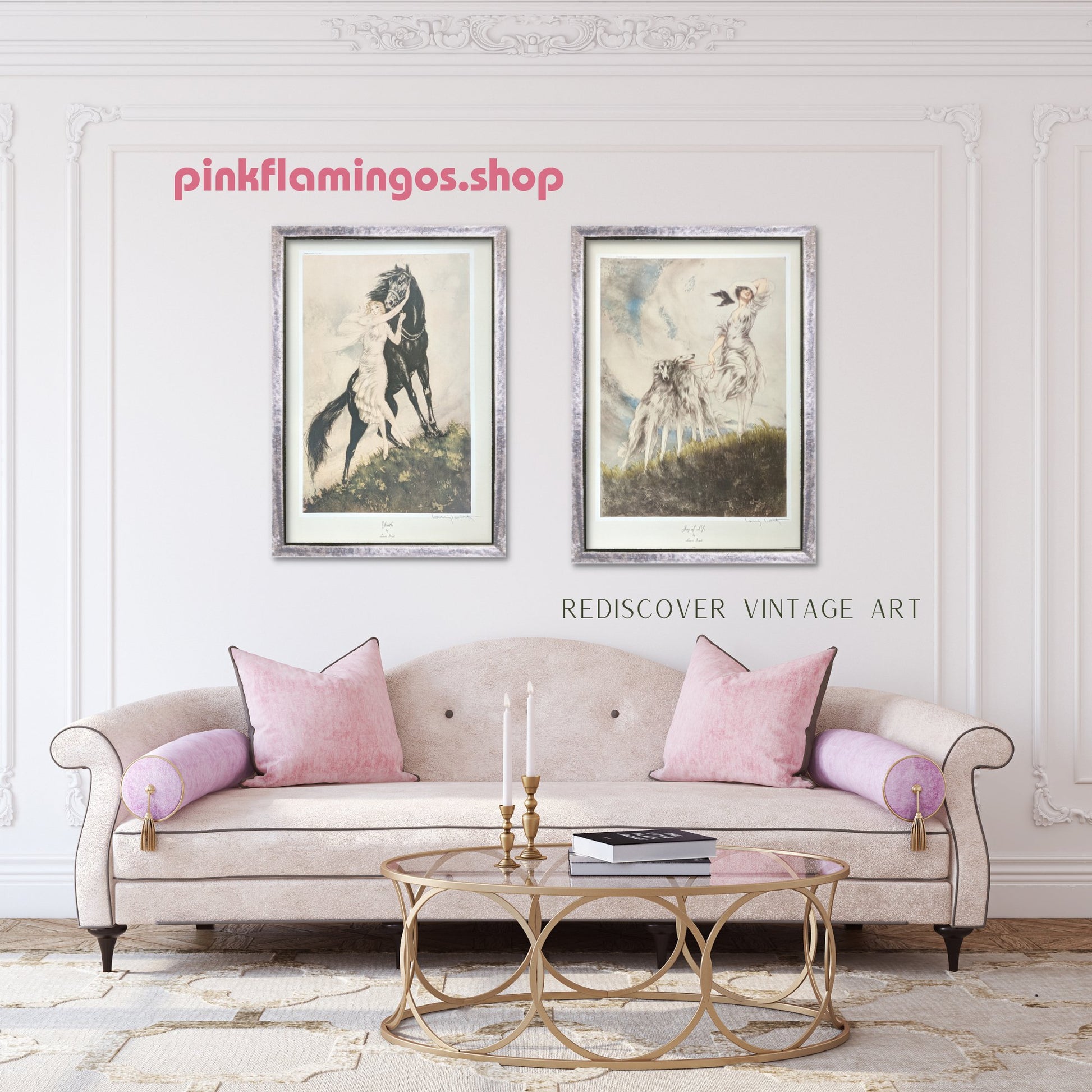 Youth by Louis Icart, mint condition vintage French Art Deco lithograph printed in the 1970s - Offset Lithograph - Pink Flamingos