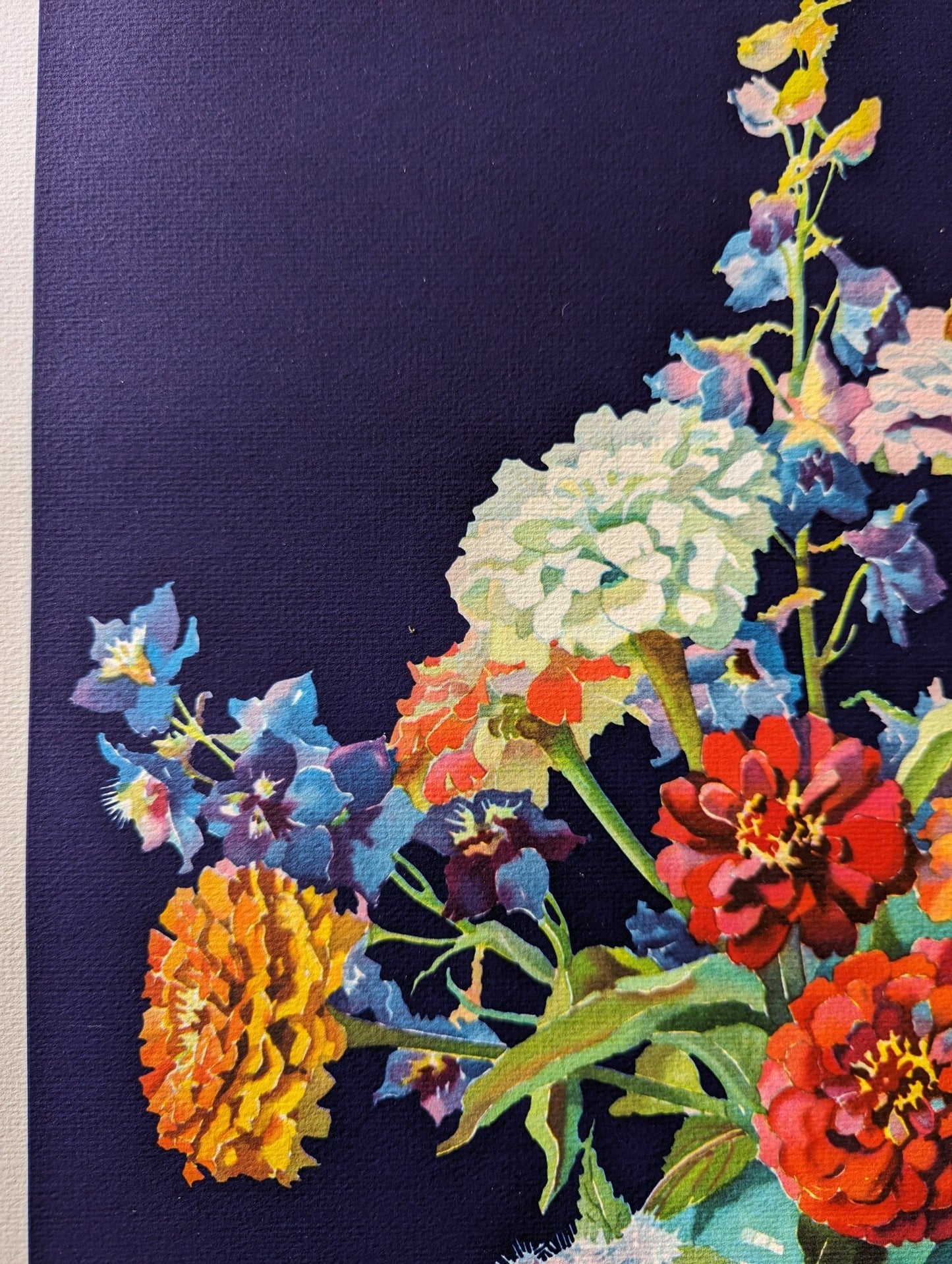 Zinnias and Larkspur by Mary and Nelson Grofe, mint condition vintage still life lithograph printed in the 1940s - Offset Lithograph - Pink Flamingos