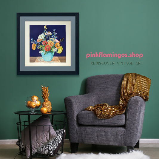 Zinnias and Larkspur by Mary and Nelson Grofe, mint condition vintage still life lithograph printed in the 1940s - Offset Lithograph - Pink Flamingos