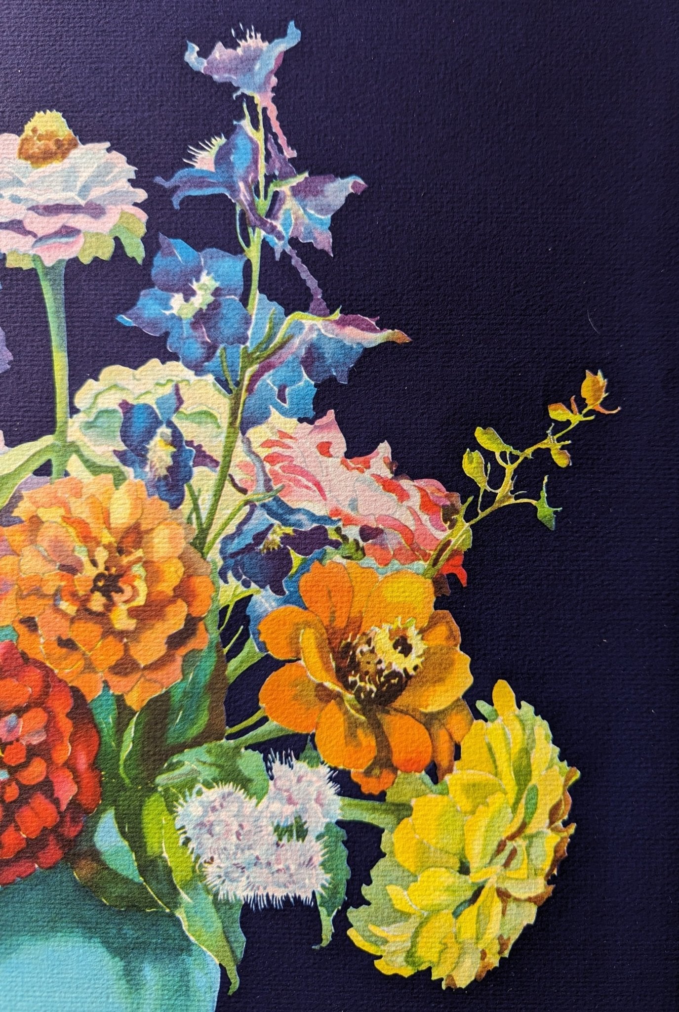 Zinnias and Larkspur by Mary and Nelson Grofe, mint condition vintage still life lithograph printed in the 1940s - Offset Lithograph - Pink Flamingos