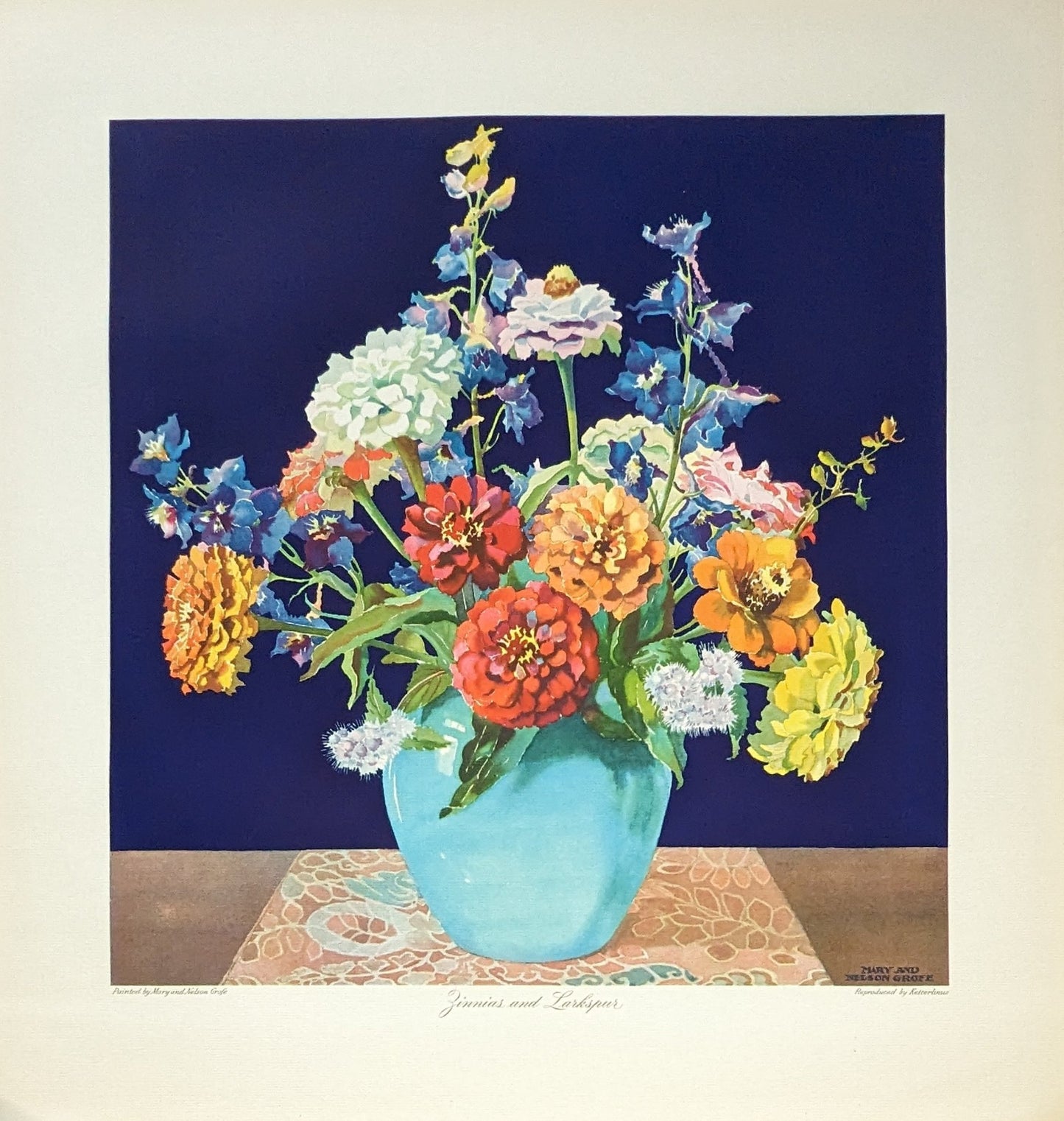 Zinnias and Larkspur by Mary and Nelson Grofe, mint condition vintage still life lithograph printed in the 1940s - Offset Lithograph - Pink Flamingos