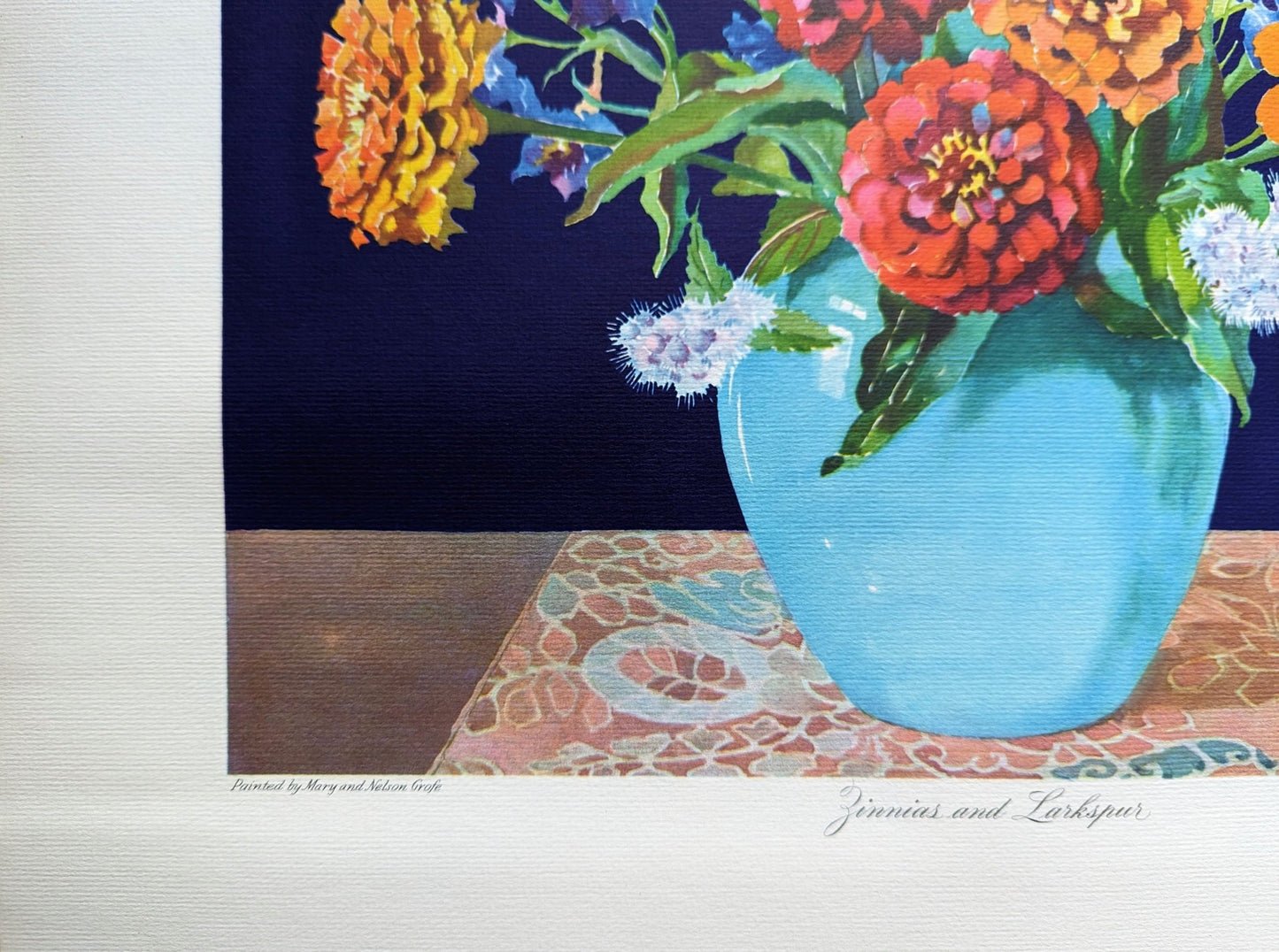 Zinnias and Larkspur by Mary and Nelson Grofe, mint condition vintage still life lithograph printed in the 1940s - Offset Lithograph - Pink Flamingos