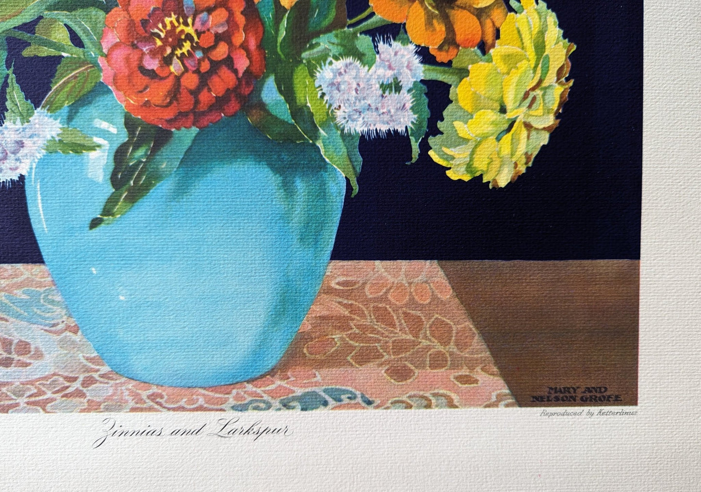 Zinnias and Larkspur by Mary and Nelson Grofe, mint condition vintage still life lithograph printed in the 1940s - Offset Lithograph - Pink Flamingos