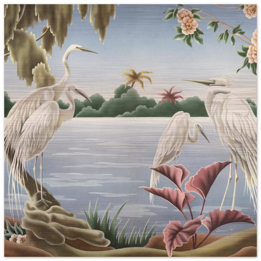 Turner Egrets Brushed Aluminum Print | Vintage Lakeside Bird Lithograph Metal Art