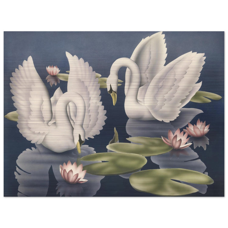 Turner Swans and Lillies Brushed Aluminum Print | Vintage Bird Lithograph Metal Art