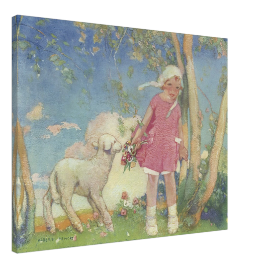 Mary and Her Little Lamb by Albert Hencke | Vintage Nursery Art Print | Canvas Print