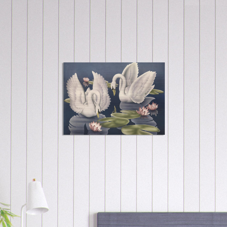 Turner Swans and Lillies Brushed Aluminum Print | Vintage Bird Lithograph Metal Art