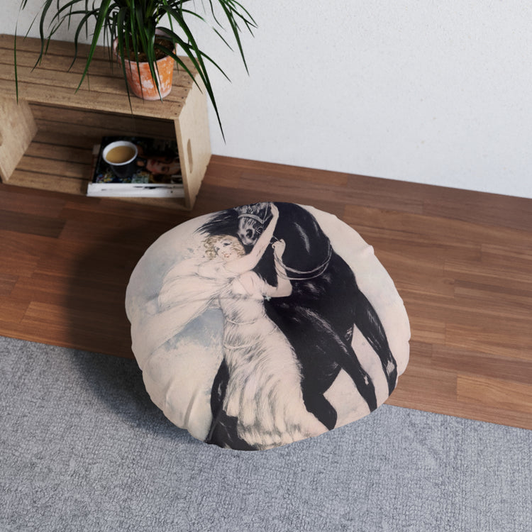 Youth by Louis Icart | Round Tufted Floor Pillow | Art Deco Home Decor