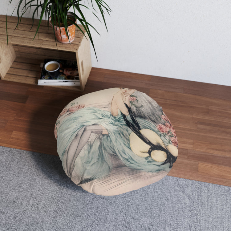 La Belle Rose by Louis Icart | Round Tufted Floor Pillow | Art Deco Home Decor