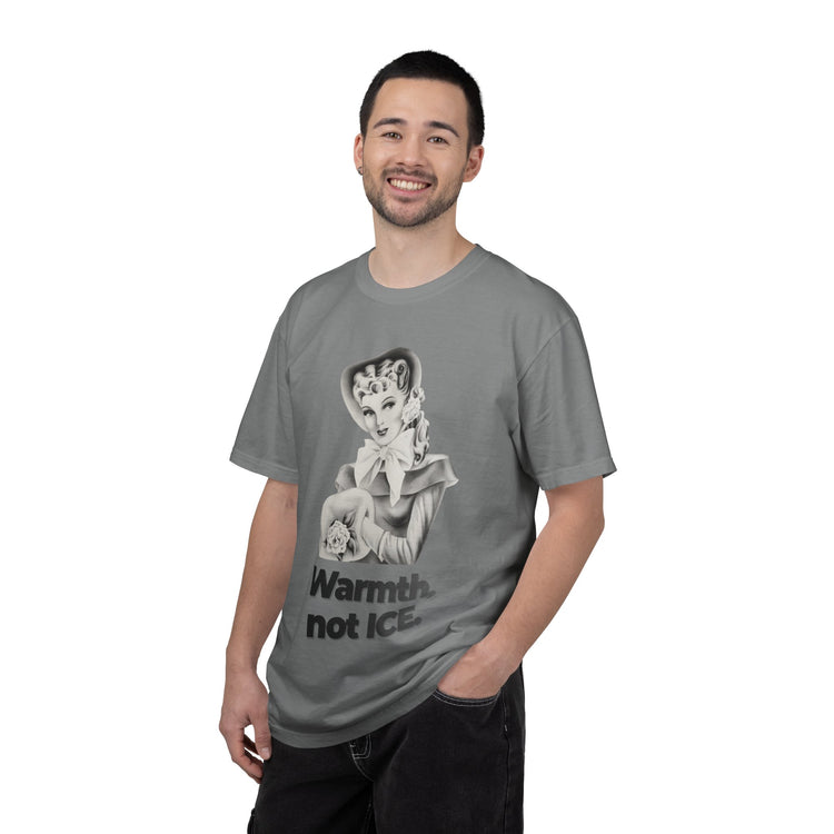 "Warmth, not ICE" Vintage Portrait Tee | Pro-Immigrant Activism | Garment-Dyed Heavyweight Crewneck