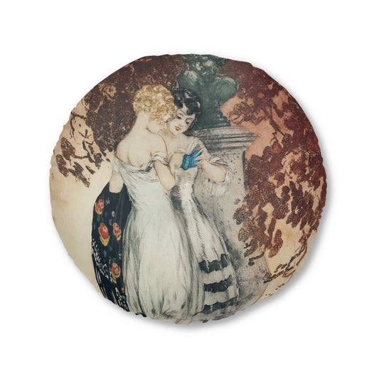 Secrets by Louis Icart | Round Tufted Floor Pillow | Art Deco Home Decor