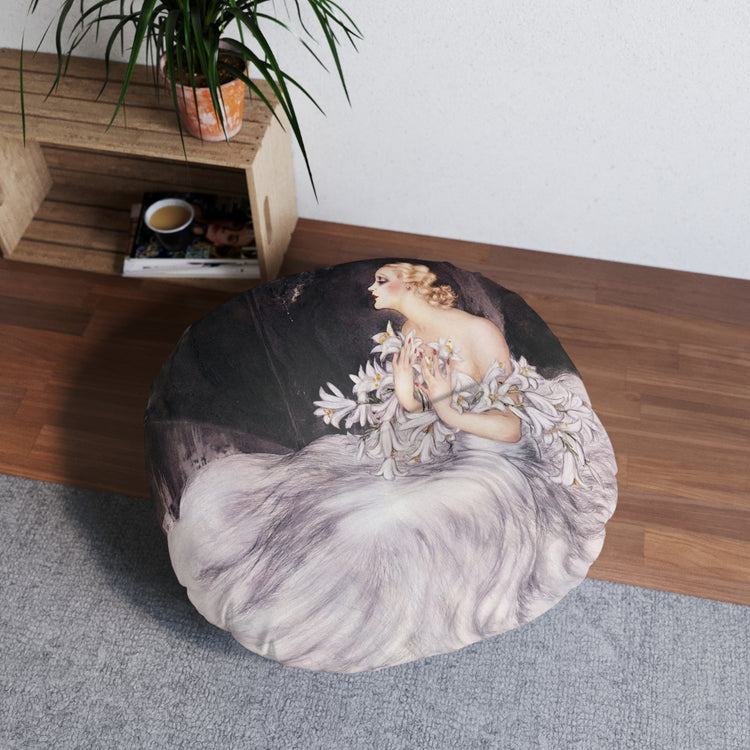 Lilies by Louis Icart | Round Tufted Floor Pillow | Art Deco Home Decor