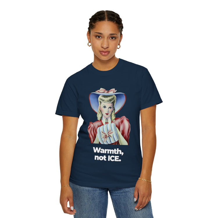"Warmth, not ICE" Vintage Portrait Tee | Pro-Immigrant Activism | Garment-Dyed Heavyweight Crewneck