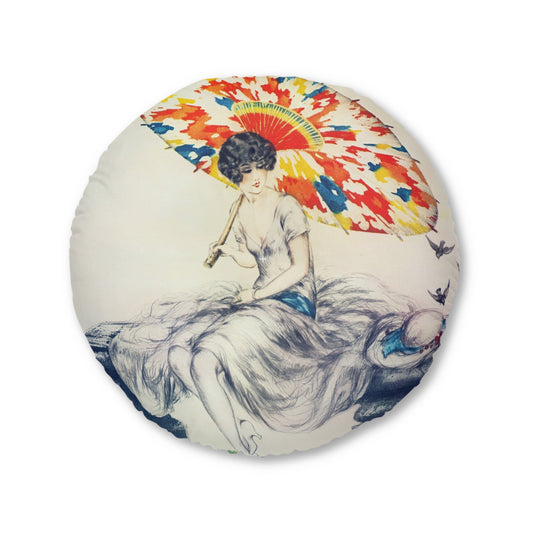 Parasol by Louis Icart | Round Tufted Floor Pillow | Art Deco Home Decor