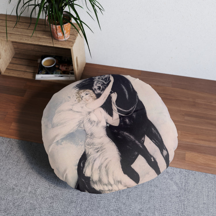 Youth by Louis Icart | Round Tufted Floor Pillow | Art Deco Home Decor