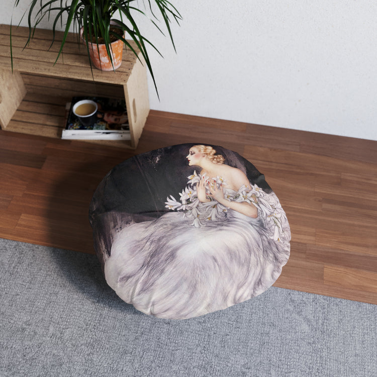 Lilies by Louis Icart | Round Tufted Floor Pillow | Art Deco Home Decor