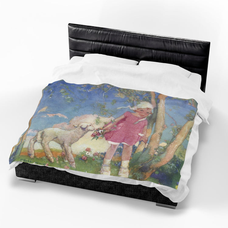 Mary and Her Little Lamb by Albert Hencke | Vintage Nursery Rhyme Illustration | Velveteen Plush Blanket