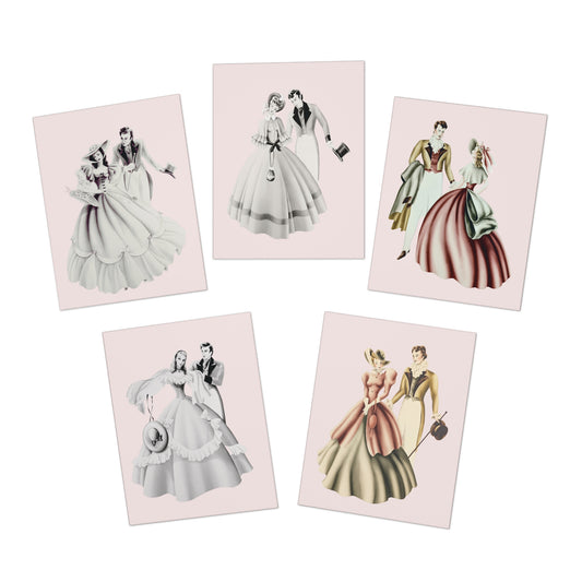 Vintage Turner Romantic Portrait Greeting Cards — 5-Pack Pink Bride & Groom Design Set