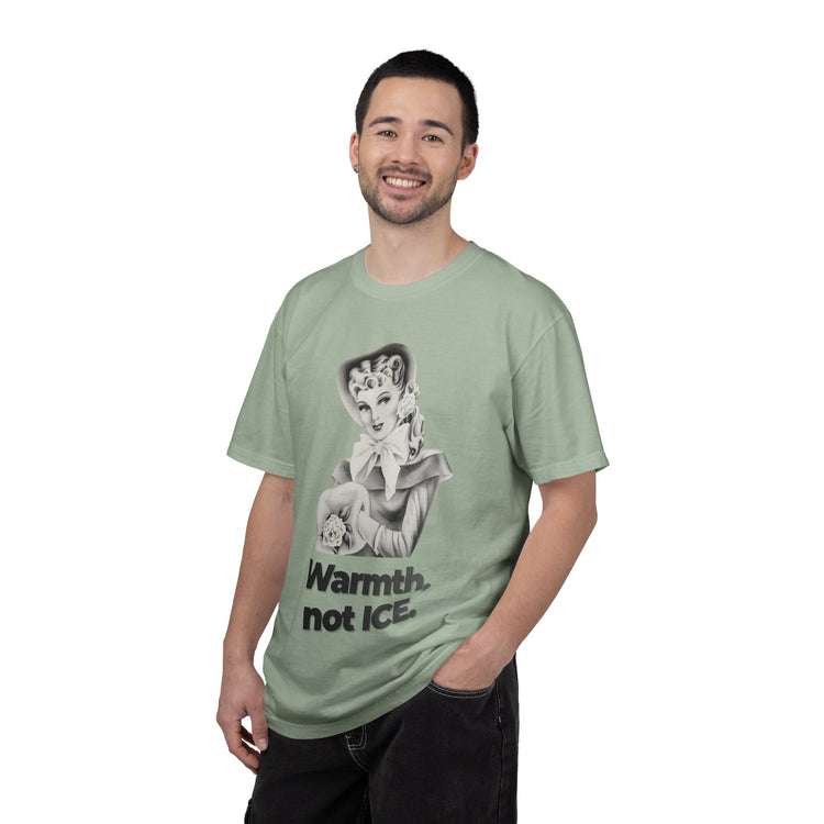 "Warmth, not ICE" Vintage Portrait Tee | Pro-Immigrant Activism | Garment-Dyed Heavyweight Crewneck
