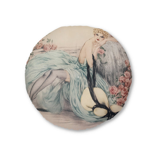 La Belle Rose by Louis Icart | Round Tufted Floor Pillow | Art Deco Home Decor