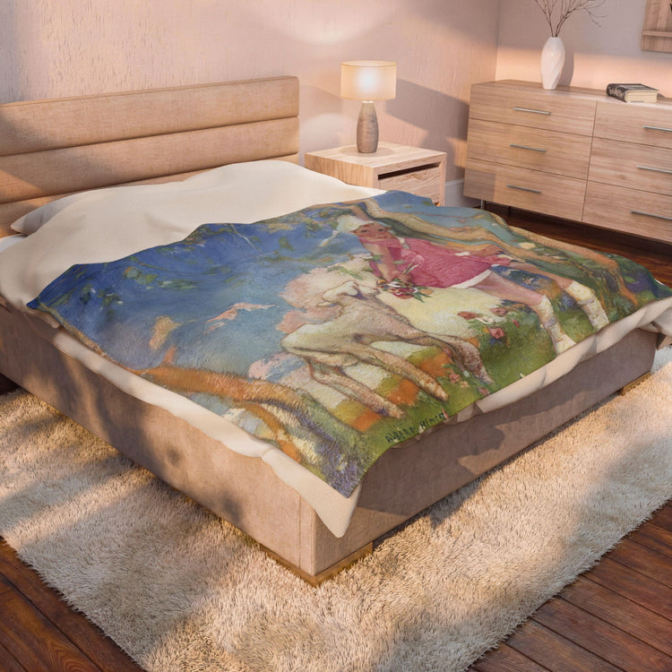 Mary and Her Little Lamb by Albert Hencke | Vintage Nursery Rhyme Illustration | Velveteen Plush Blanket