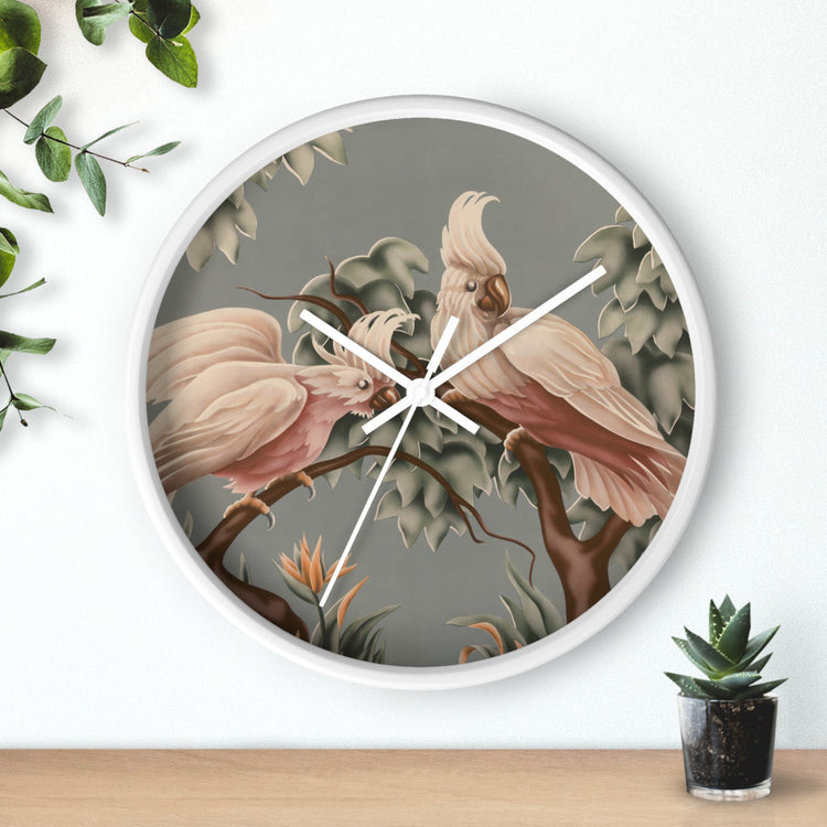 Turner White Cockatoos Wall Clock — Vintage Tropical Bird Lithograph Home Decor
