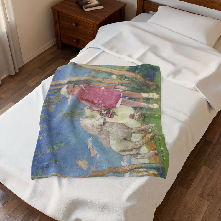 Mary and Her Little Lamb by Albert Hencke | Vintage Nursery Rhyme Illustration | Velveteen Plush Blanket