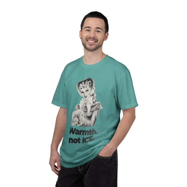 "Warmth, not ICE" Vintage Portrait Tee | Pro-Immigrant Activism | Garment-Dyed Heavyweight Crewneck
