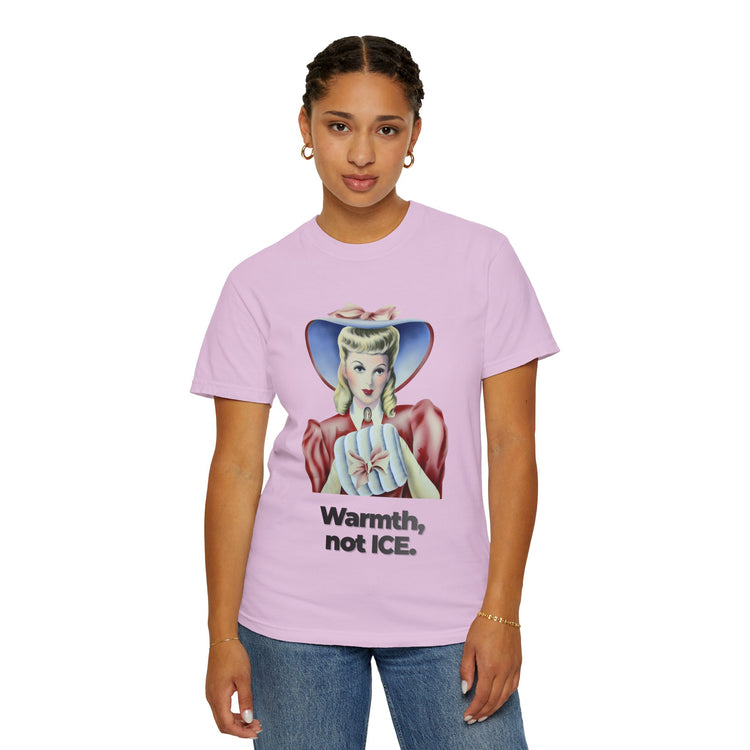 "Warmth, not ICE" Vintage Portrait Tee | Pro-Immigrant Activism | Garment-Dyed Heavyweight Crewneck